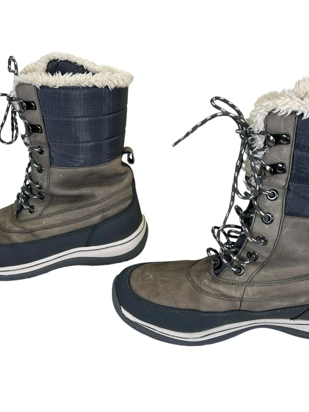 Lands’ End Women’s 10 Tall Insulated Snow Boots Taupe Gray Faux Fur Lace Up